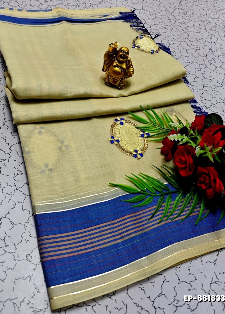 DIGITAL EMBROIDERY PRINTING COTTON SAREES - CREAM (9)