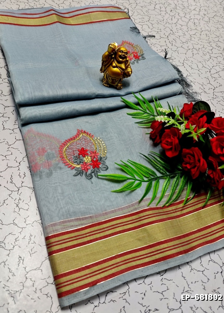 DIGITAL EMBROIDERY PRINTING COTTON SAREES - LIGHT BLUE N