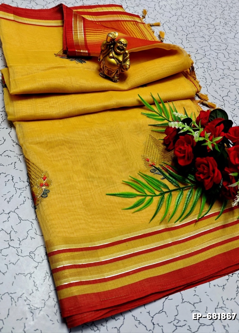 DIGITAL EMBROIDERY PRINTING COTTON SAREES - GOLD COLOUR (1)