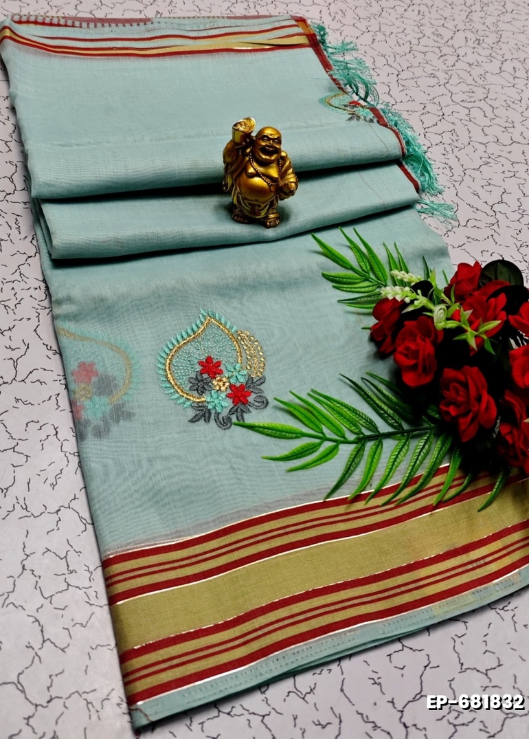 DIGITAL EMBROIDERY PRINTING COTTON SAREES - LIGHT SKY BLUE (6)
