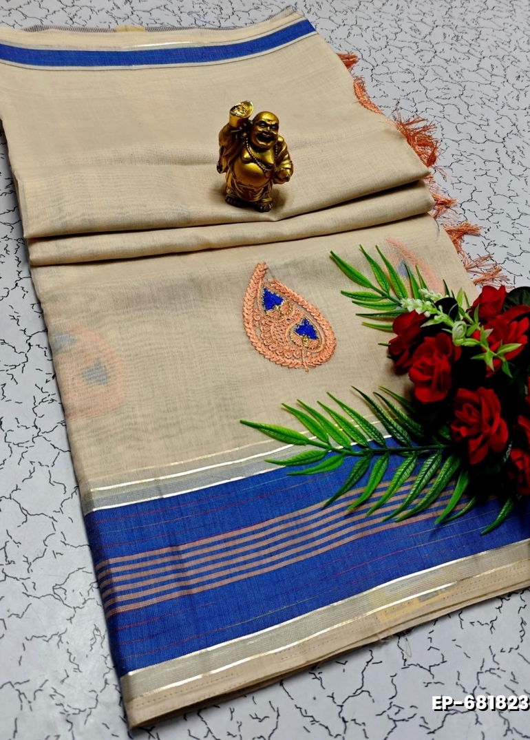 DIGITAL EMBROIDERY PRINTING COTTON SAREES - LIGHT SANDLE (3)
