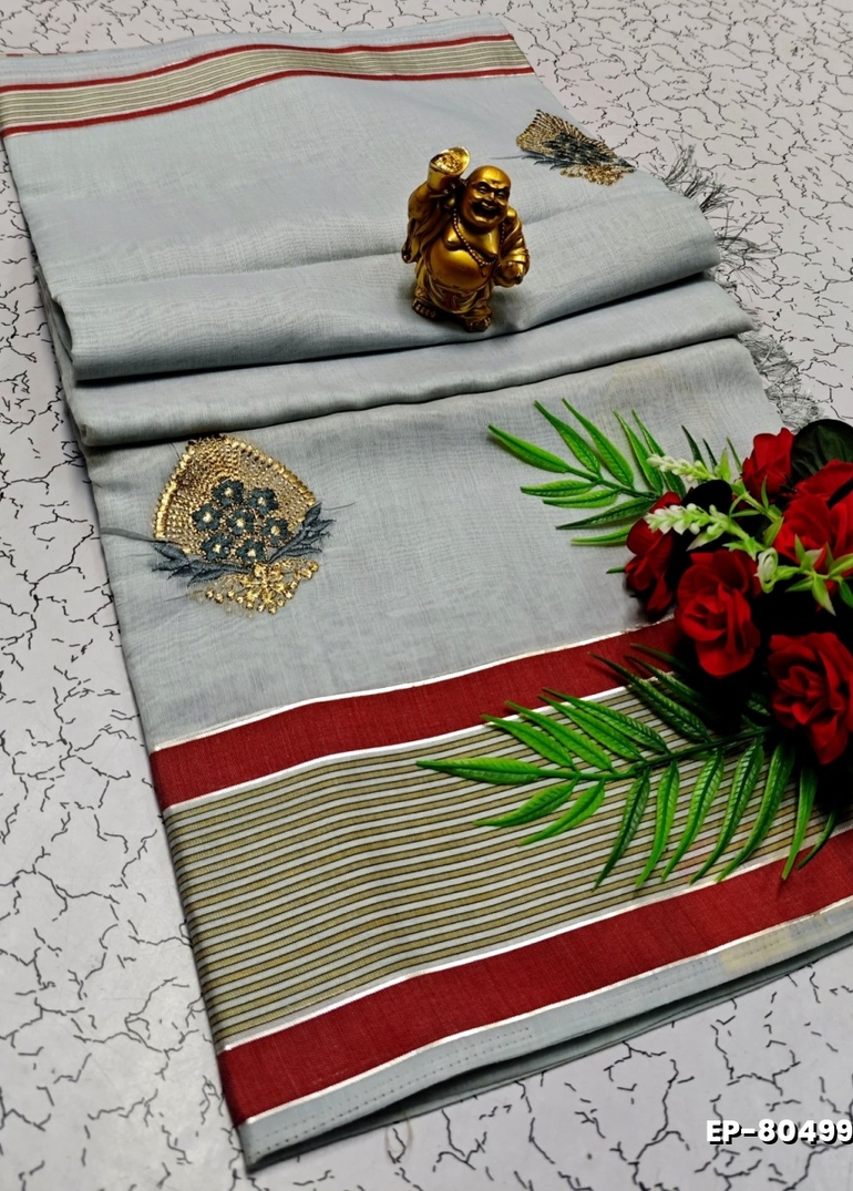 DIGITAL EMBROIDERY PRINTING COTTON SAREES - LIGHT BLUE N (1)