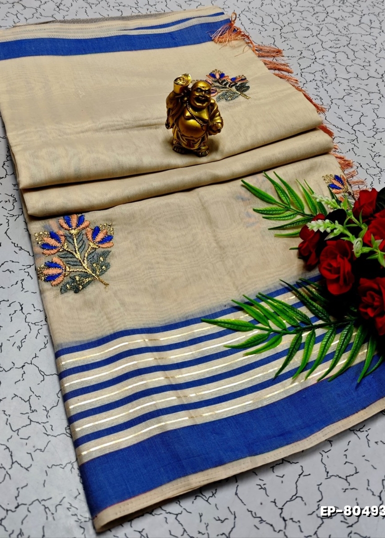 DIGITAL EMBROIDERY PRINTING COTTON SAREES - CREAM (10)