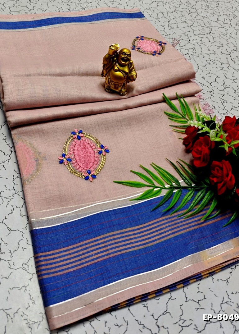 DIGITAL EMBROIDERY PRINTING COTTON SAREES - BABY PINK (3)
