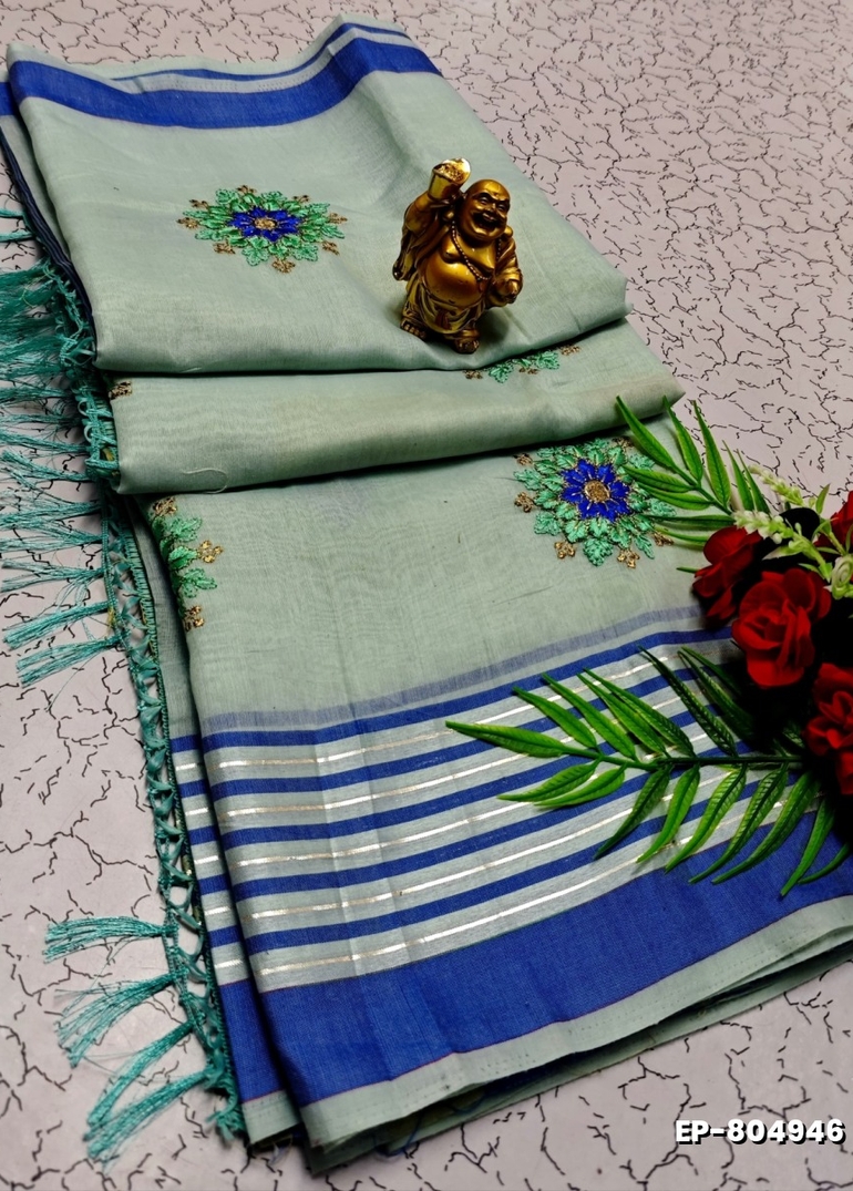 DIGITAL EMBROIDERY PRINTING COTTON SAREES - LIGHT GREEN SHADE (3)