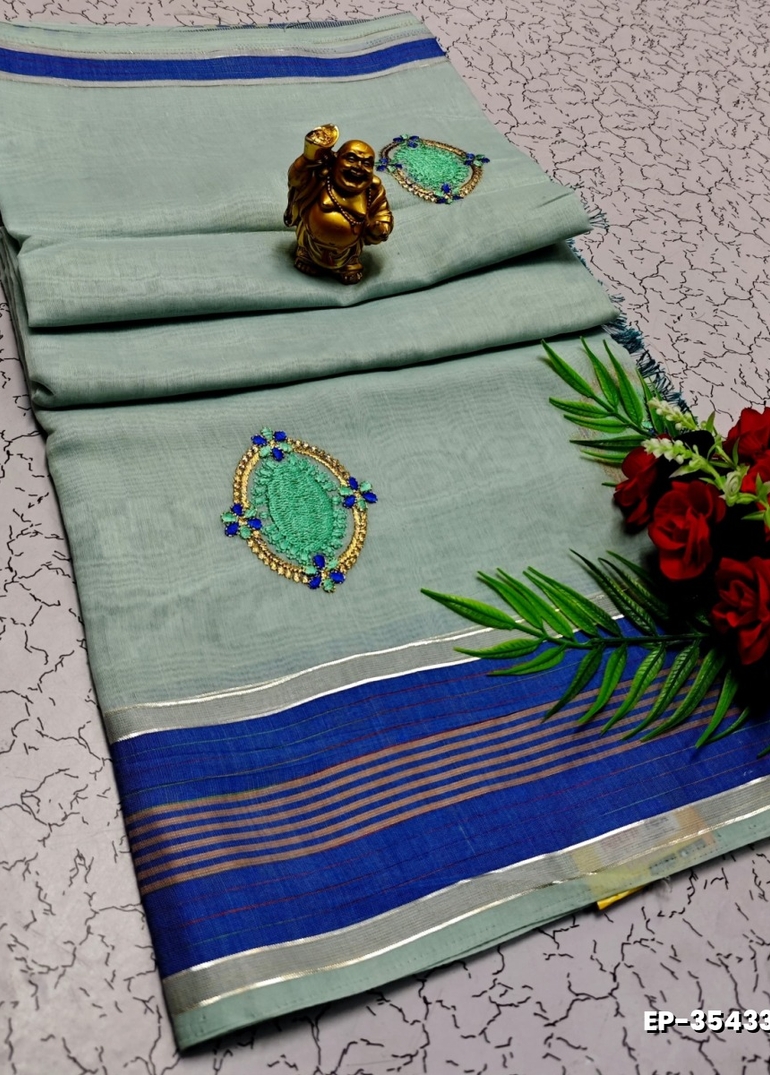 DIGITAL EMBROIDERY PRINTING COTTON SAREES - LIGHT SKY BLUE (7)
