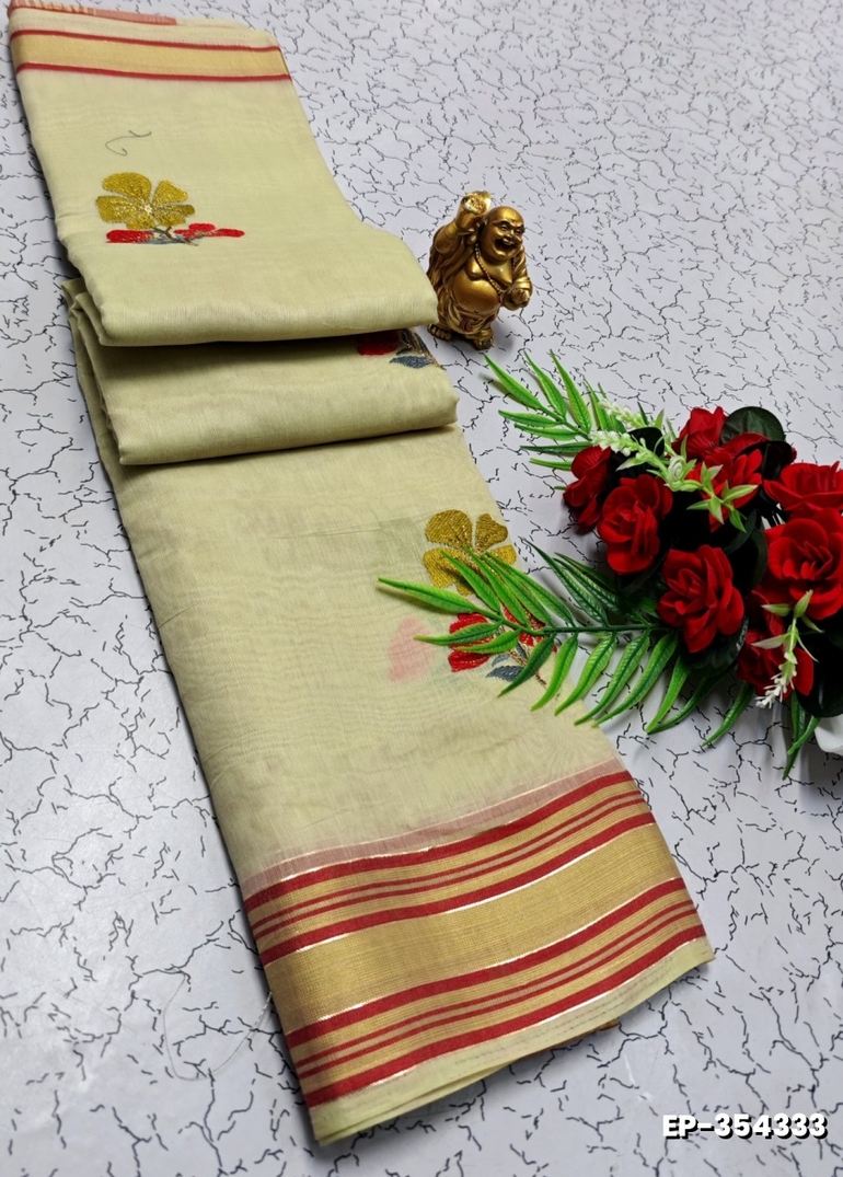 DIGITAL EMBROIDERY PRINTING COTTON SAREES - CREAM (11)