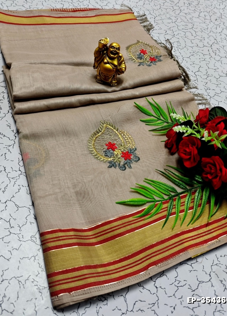DIGITAL EMBROIDERY PRINTING COTTON SAREES - CREAM COLOR (2)