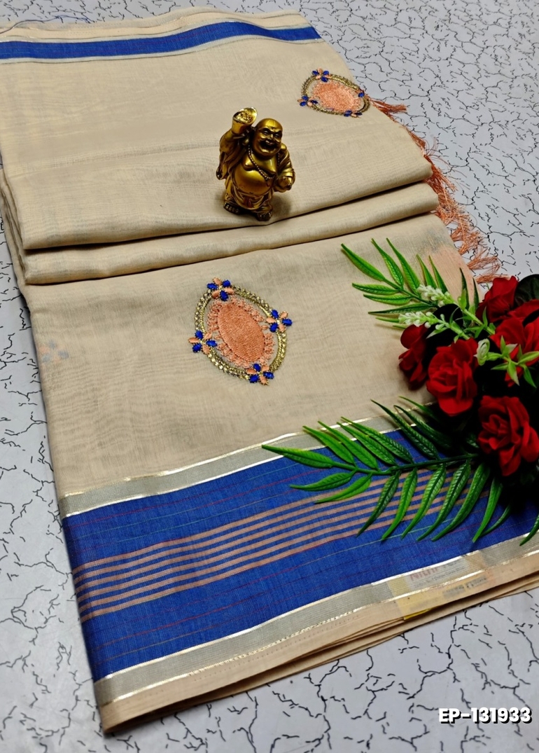 DIGITAL EMBROIDERY PRINTING COTTON SAREES - CREAM (8)