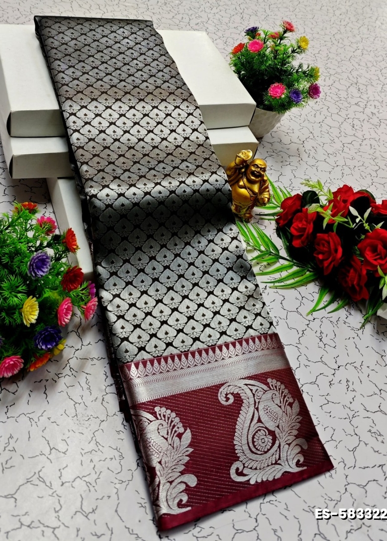 BRIDAL SILK GOLD SILVAR AND COPPER ZARI WEAVE AND WEDDING ART SILK SAREES - COFEE BROWN