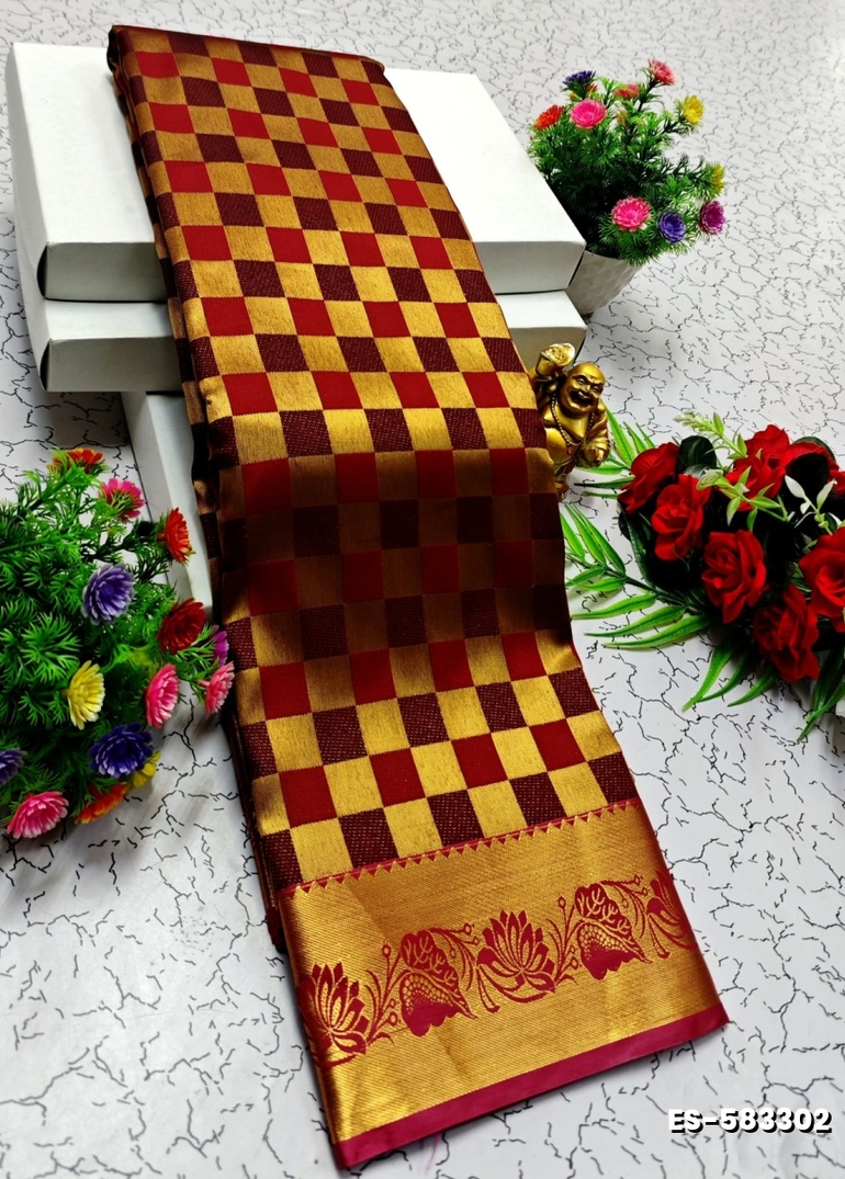 BRIDAL SILK GOLD SILVAR AND COPPER ZARI WEAVE AND WEDDING ART SILK SAREES - MERUN