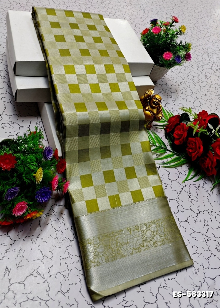 BRIDAL SILK GOLD SILVAR AND COPPER ZARI WEAVE AND WEDDING ART SILK SAREES - OLIVE GREEN