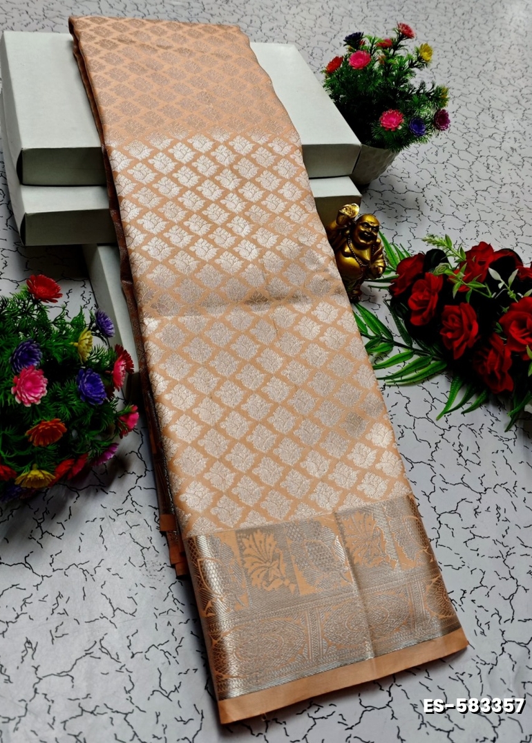 BRIDAL SILK GOLD SILVAR AND COPPER ZARI WEAVE AND WEDDING ART SILK SAREES - LIGHT ORANGE