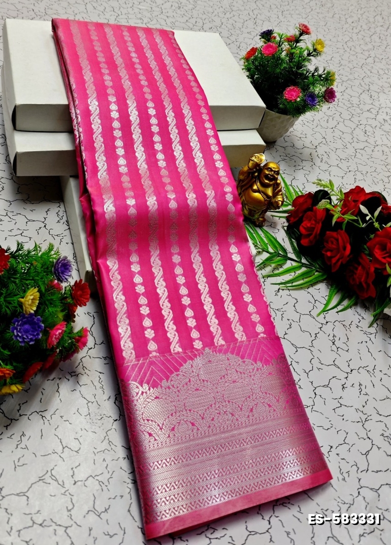 BRIDAL SILK GOLD SILVAR AND COPPER ZARI WEAVE AND WEDDING ART SILK SAREES - DARK PINK