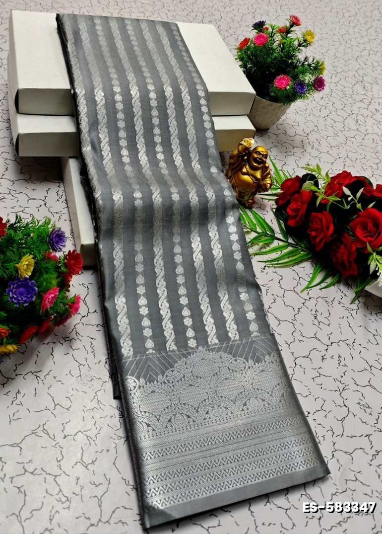 BRIDAL SILK GOLD SILVAR AND COPPER ZARI WEAVE AND WEDDING ART SILK SAREES - GRAY