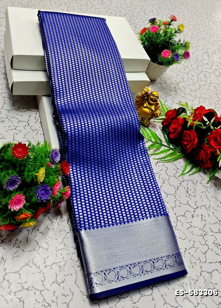 BRIDAL SILK GOLD SILVAR AND COPPER ZARI WEAVE AND WEDDING ART SILK SAREES - ROYAL BLUE