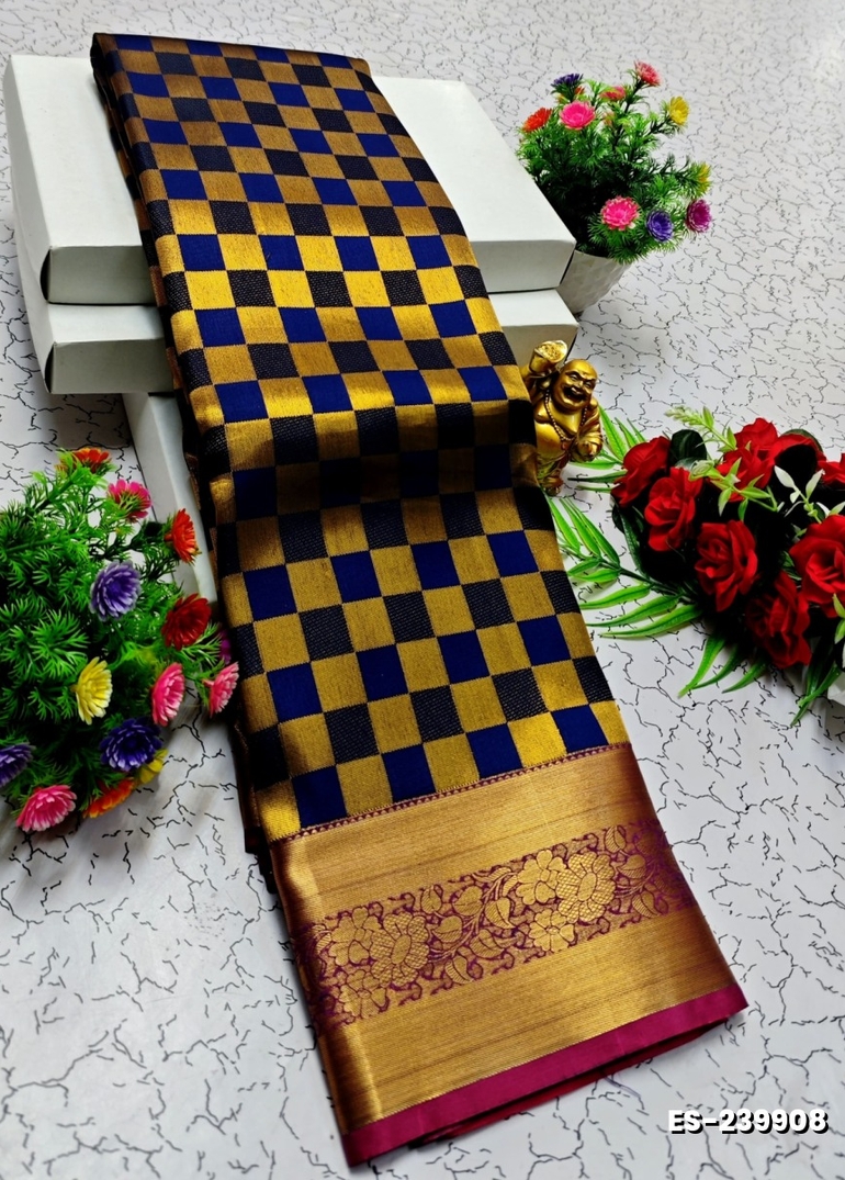 BRIDAL SILK GOLD SILVAR AND COPPER ZARI WEAVE AND WEDDING ART SILK SAREES - NAVY COLOUR