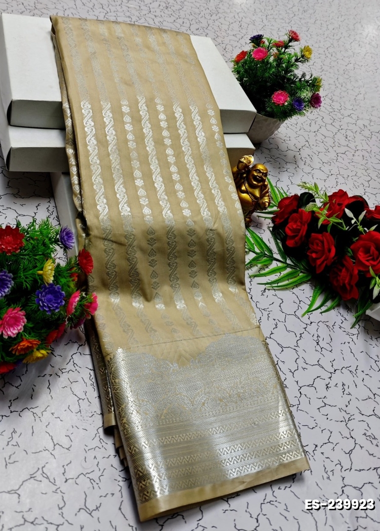 BRIDAL SILK GOLD SILVAR AND COPPER ZARI WEAVE AND WEDDING ART SILK SAREES - LIGHT SANDLE (1)