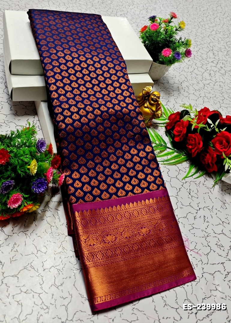 BRIDAL SILK GOLD SILVAR AND COPPER ZARI WEAVE AND WEDDING ART SILK SAREES - R BLUE (1)
