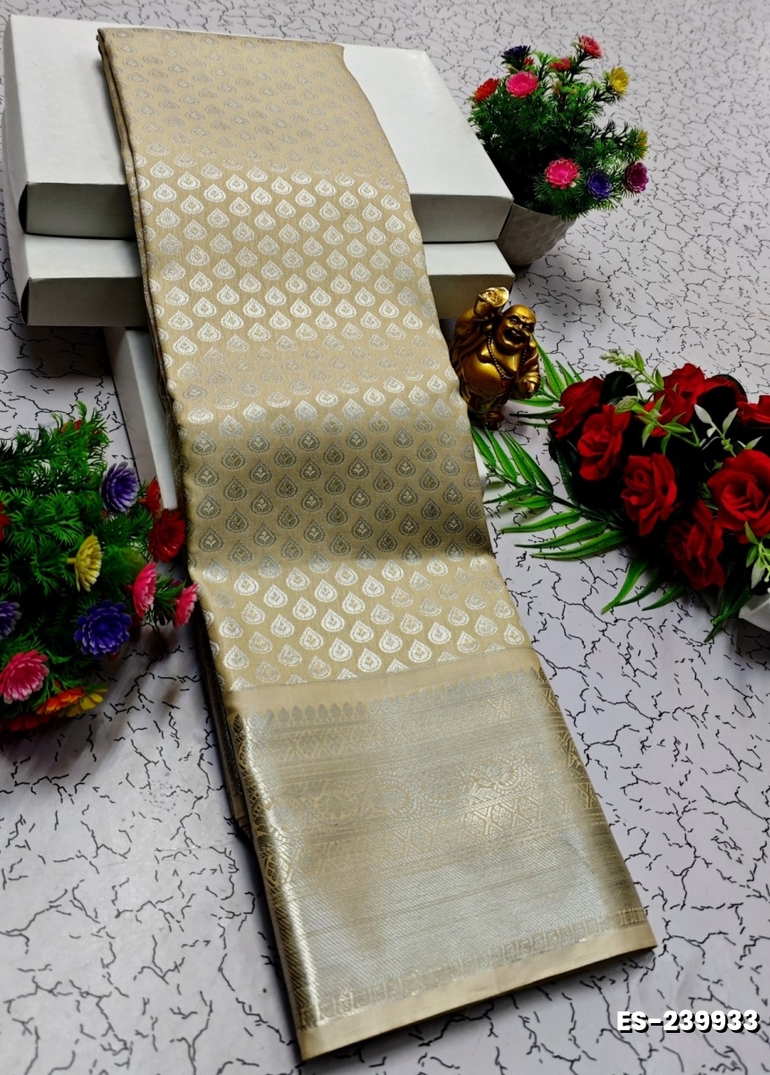 BRIDAL SILK GOLD SILVAR AND COPPER ZARI WEAVE AND WEDDING ART SILK SAREES - CREAM