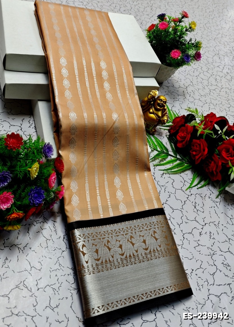 BRIDAL SILK GOLD SILVAR AND COPPER ZARI WEAVE AND WEDDING ART SILK SAREES - LIGHT PEACH (1)