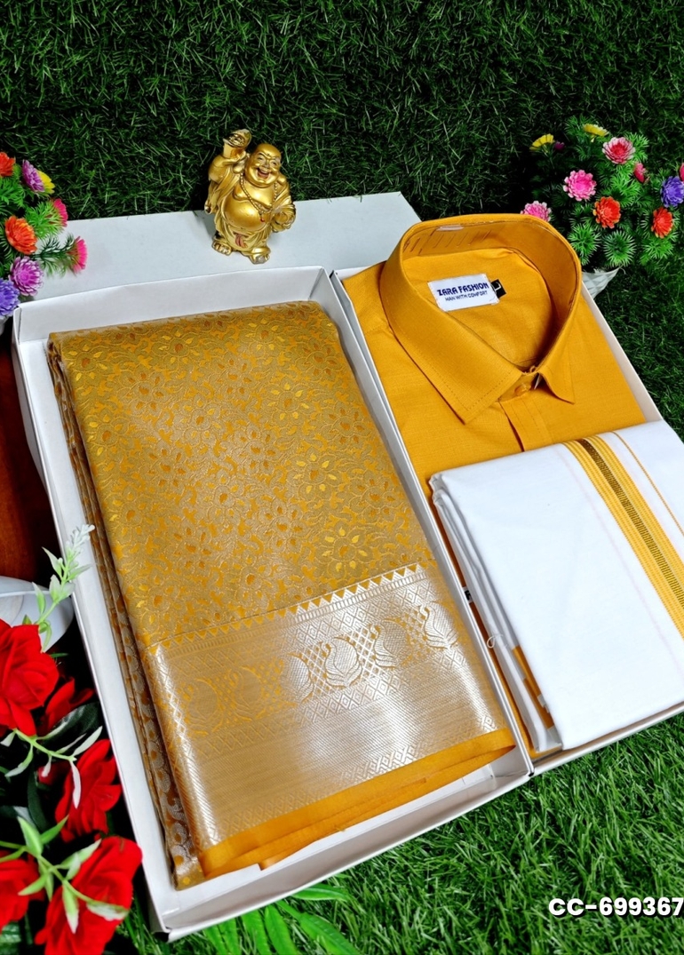 COUPLE COMBO MATCHING AND MATCHING TRADITIONAL SET MATCHING COMBO FOR FESTIVAL SEASONS - GOLD COLOUR