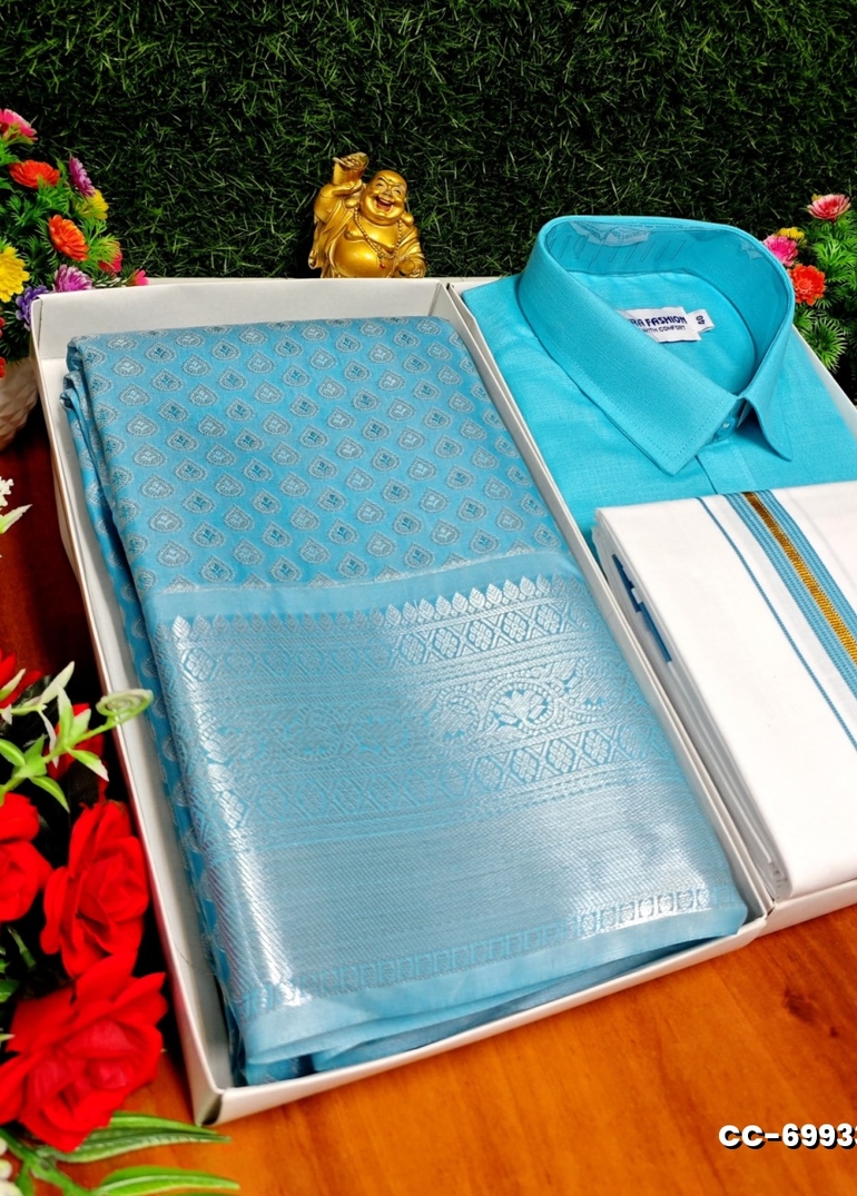 COUPLE COMBO MATCHING AND MATCHING TRADITIONAL SET MATCHING COMBO FOR FESTIVAL SEASONS - DARK SKY BLUE