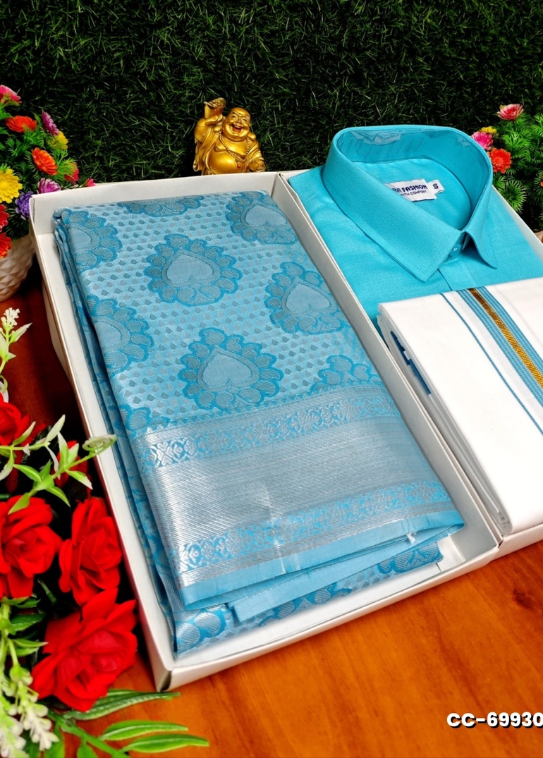 COUPLE COMBO MATCHING AND MATCHING TRADITIONAL SET MATCHING COMBO FOR FESTIVAL SEASONS - SKY BLUE