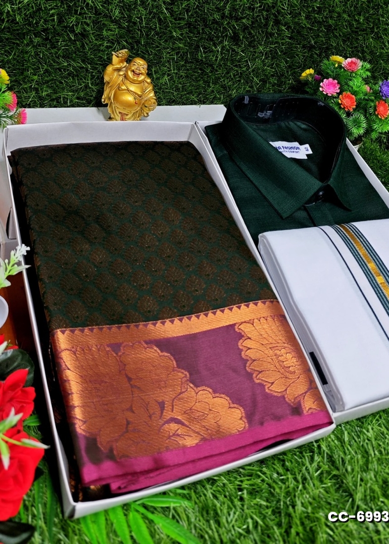 COUPLE COMBO MATCHING AND MATCHING TRADITIONAL SET MATCHING COMBO FOR FESTIVAL SEASONS - DARK GREEN