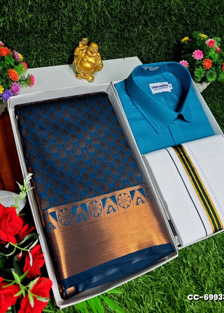 COUPLE COMBO MATCHING AND MATCHING TRADITIONAL SET MATCHING COMBO FOR FESTIVAL SEASONS - LIGHT BLUE