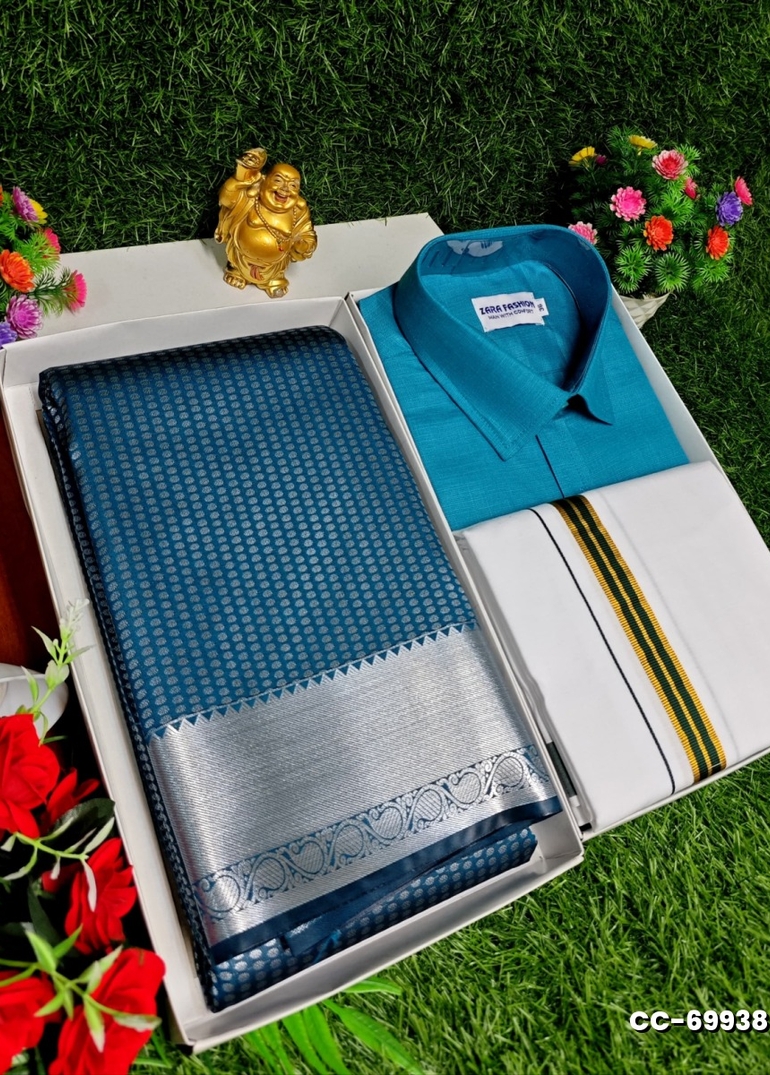 COUPLE COMBO MATCHING AND MATCHING TRADITIONAL SET MATCHING COMBO FOR FESTIVAL SEASONS - BLUE SHADE