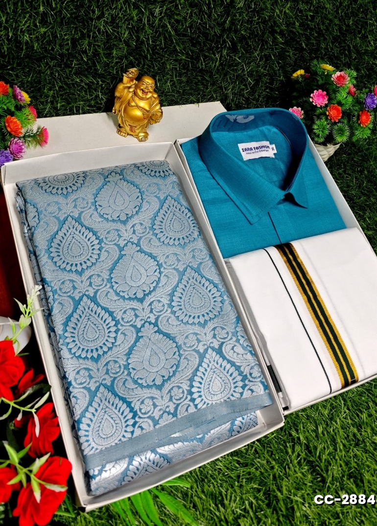 COUPLE COMBO MATCHING AND MATCHING TRADITIONAL SET MATCHING COMBO FOR FESTIVAL SEASONS - BLUE SHADE (1)