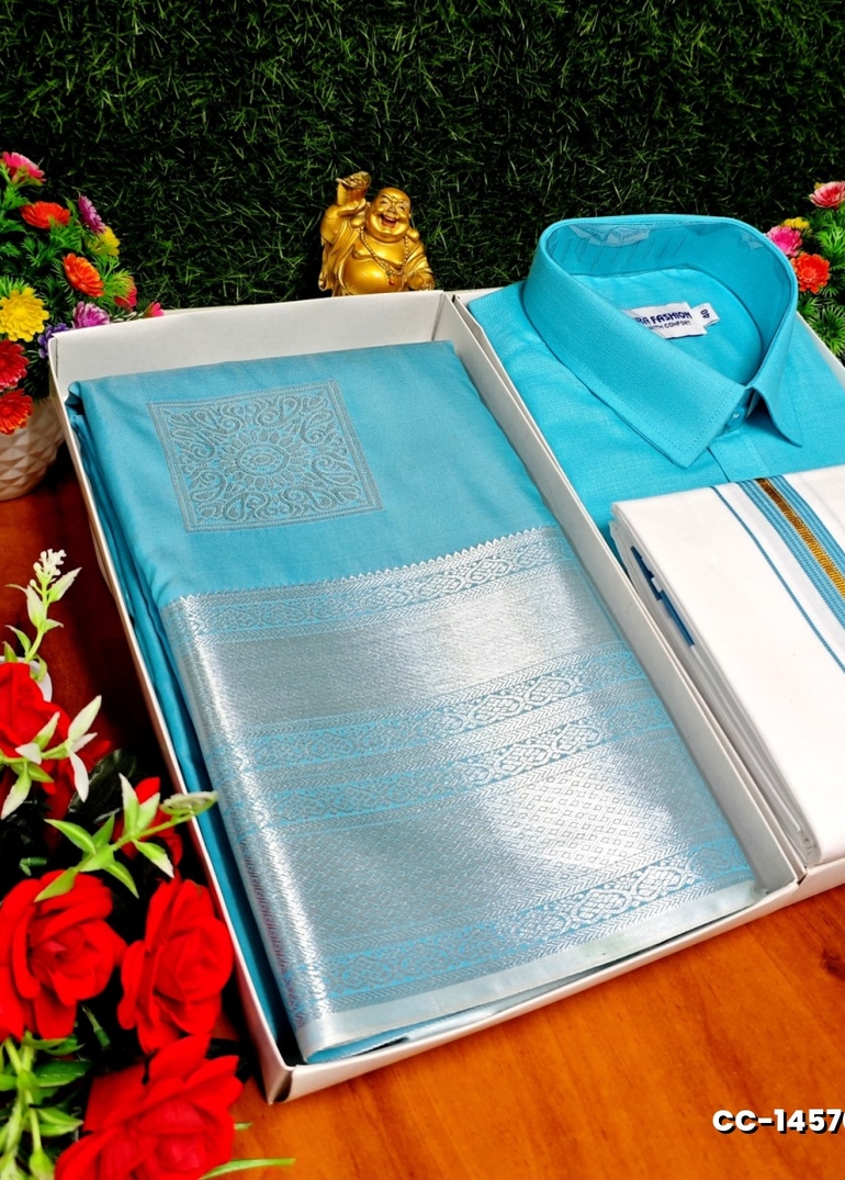 COUPLE COMBO MATCHING AND MATCHING TRADITIONAL SET MATCHING COMBO FOR FESTIVAL SEASONS - SKY BLUE (2)