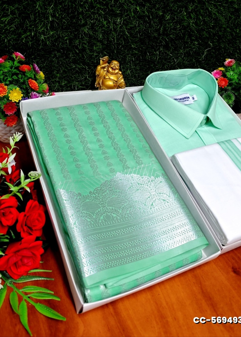 COUPLE COMBO MATCHING AND MATCHING TRADITIONAL SET MATCHING COMBO FOR FESTIVAL SEASONS - TURQUOISE GREEN (5)