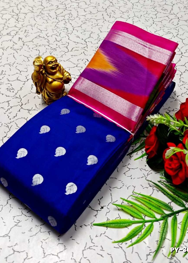BANARASI POCHAMPALLY ALL OVER BODY SILVAR ZARI BUTTA DESIGN   FUNCTION WEAR SOFT SILK SAREES - ROYAL BLUE