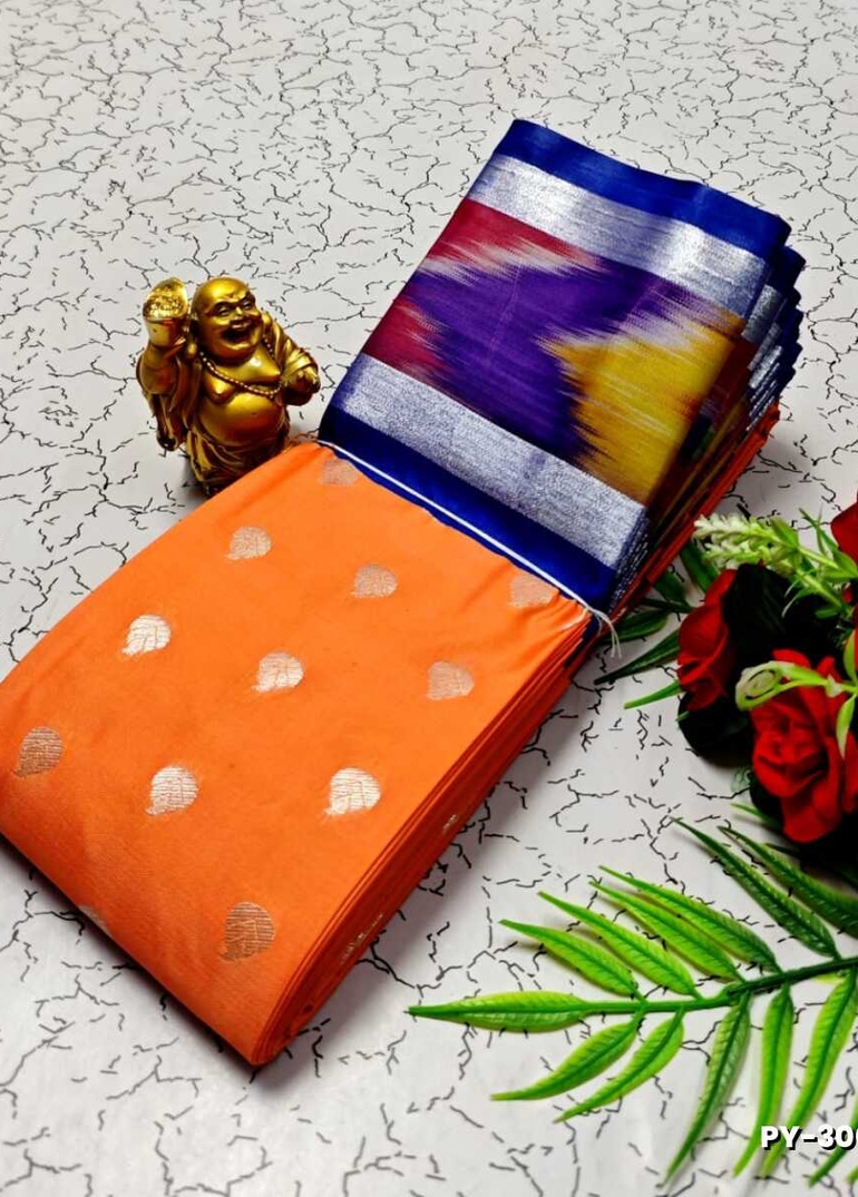 BANARASI POCHAMPALLY ALL OVER BODY SILVAR ZARI BUTTA DESIGN   FUNCTION WEAR SOFT SILK SAREES - ORANGE
