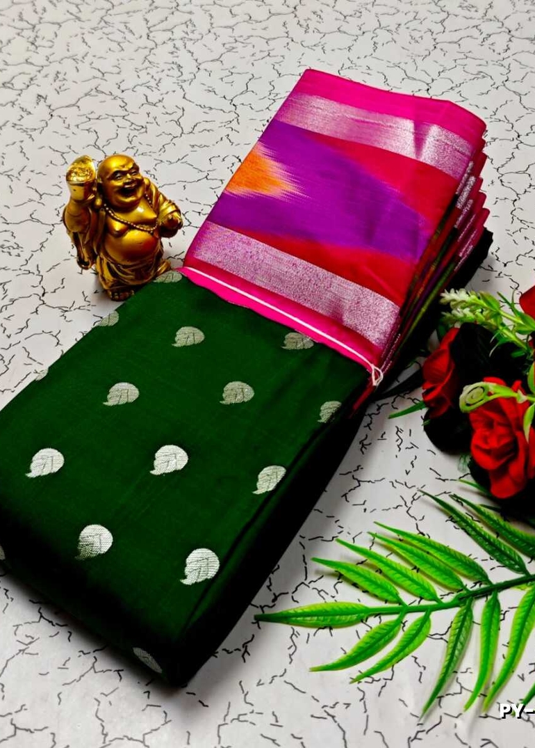 BANARASI POCHAMPALLY ALL OVER BODY SILVAR ZARI BUTTA DESIGN   FUNCTION WEAR SOFT SILK SAREES - DARK GREEN