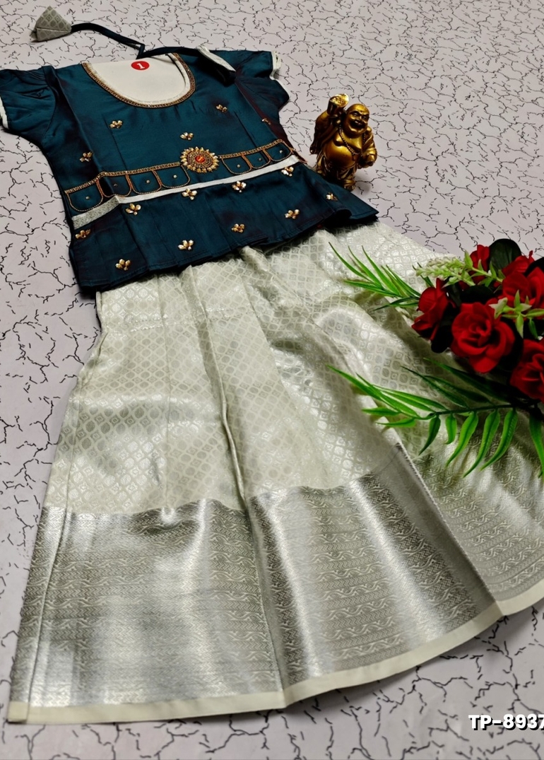 FESTIVAL AND FUNCTION WEAR TRADITIONAL KIDS PATTU PAVADAI STONE WORK DESIGN  - BULE (3)
