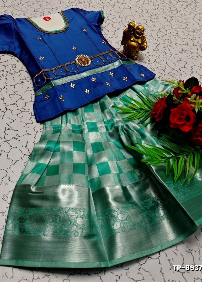 FESTIVAL AND FUNCTION WEAR TRADITIONAL KIDS PATTU PAVADAI STONE WORK DESIGN  - NORMAL  BLUE (3)