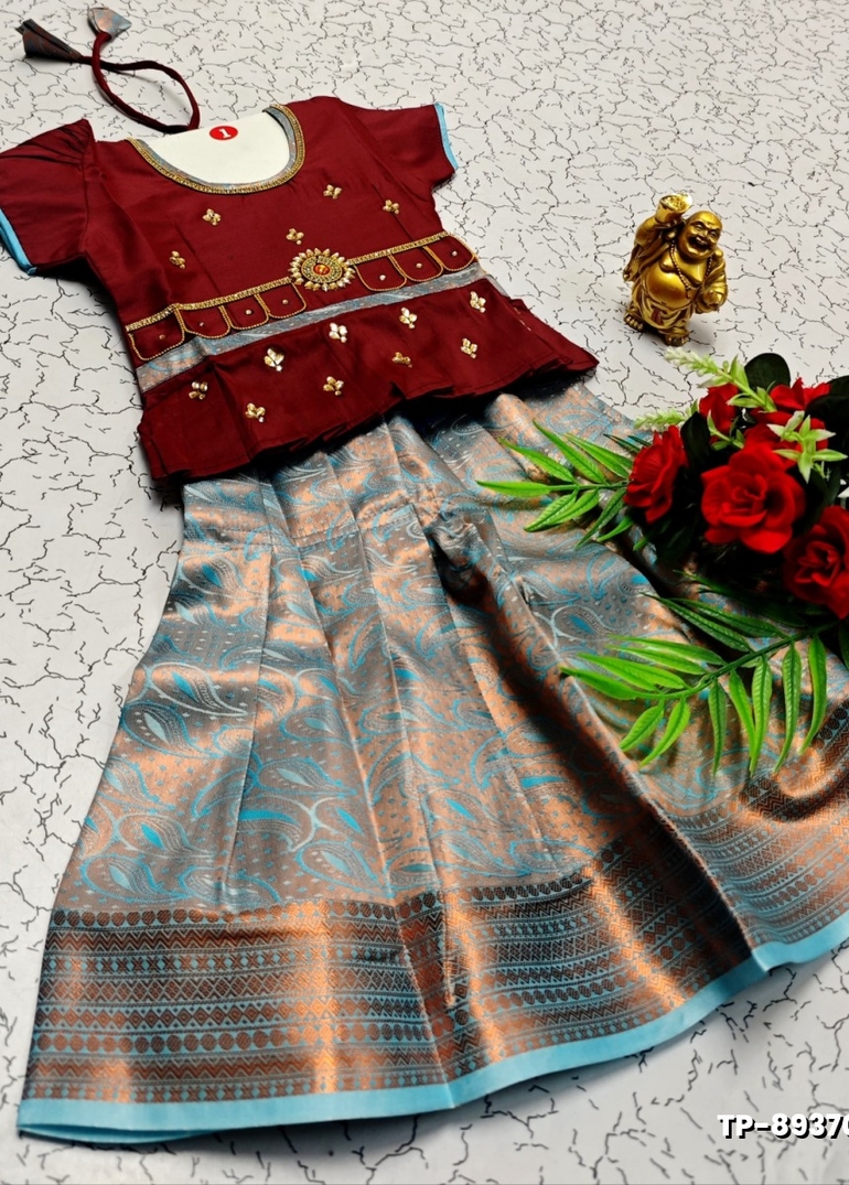 FESTIVAL AND FUNCTION WEAR TRADITIONAL KIDS PATTU PAVADAI STONE WORK DESIGN  - MERUN (1)