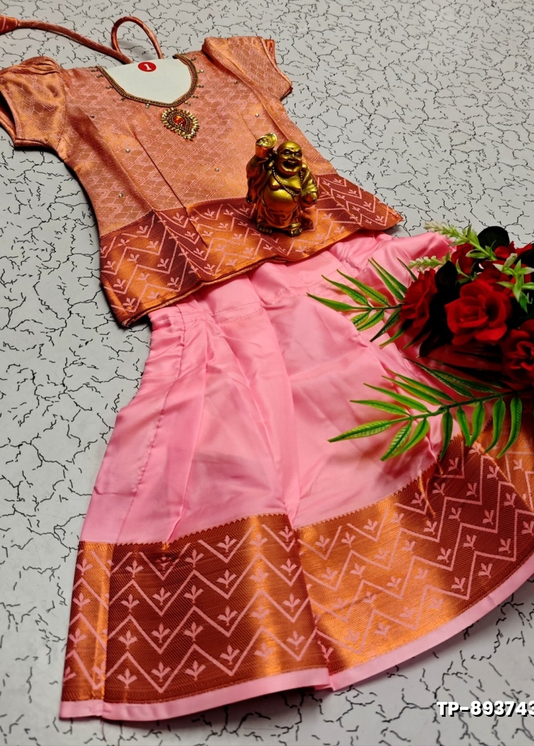 FESTIVAL AND FUNCTION WEAR TRADITIONAL KIDS PATTU PAVADAI STONE WORK DESIGN  - LIGHT PINK