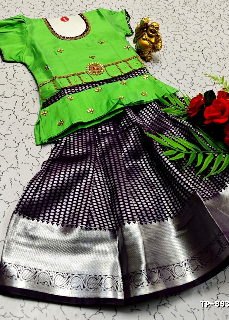 KIDS TRENDY WEAR PATTU PAVADAI SET - GREEN (3)