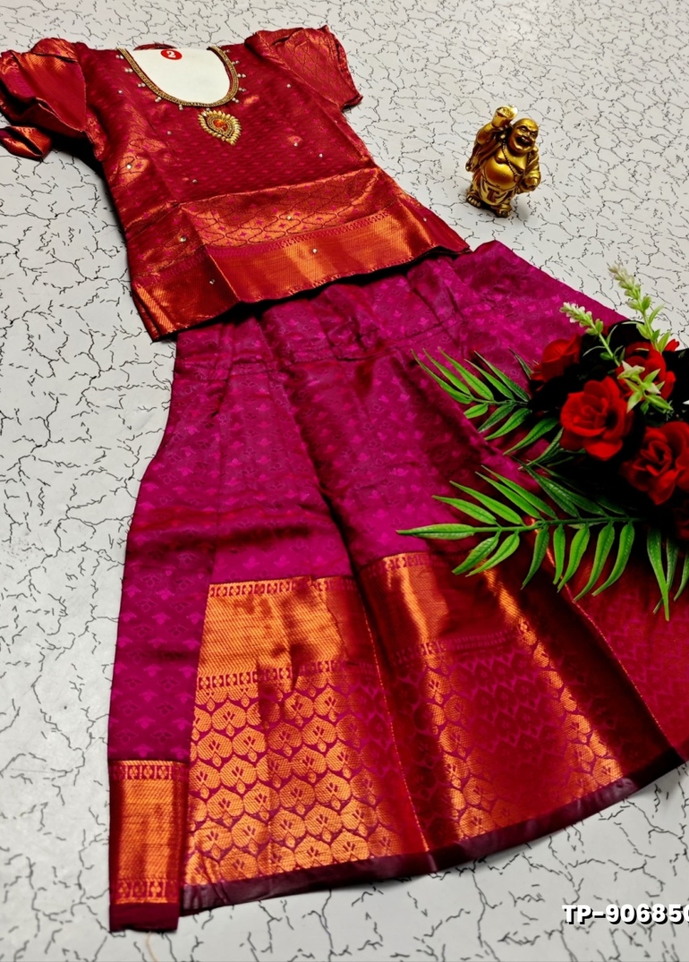 FESTIVAL AND FUNCTION WEAR TRADITIONAL KIDS PATTU PAVADAI STONE WORK DESIGN  - MEJANTA (1)