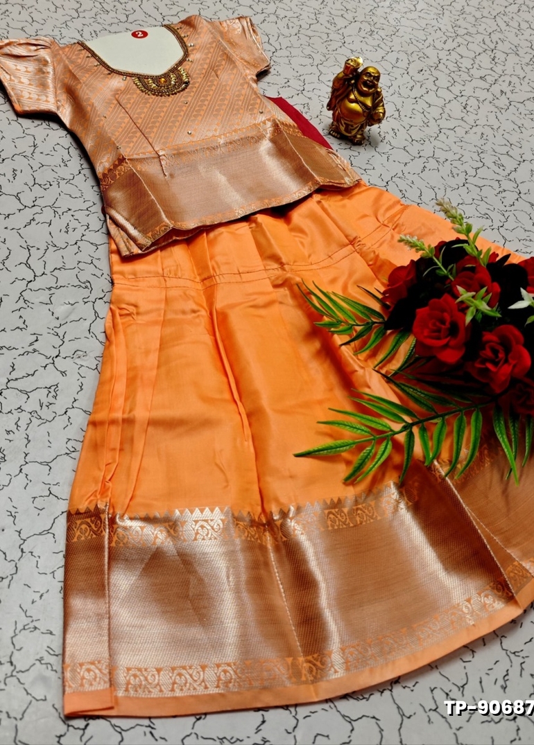 FESTIVAL AND FUNCTION WEAR TRADITIONAL KIDS PATTU PAVADAI STONE WORK DESIGN  - PEACH COLOUR