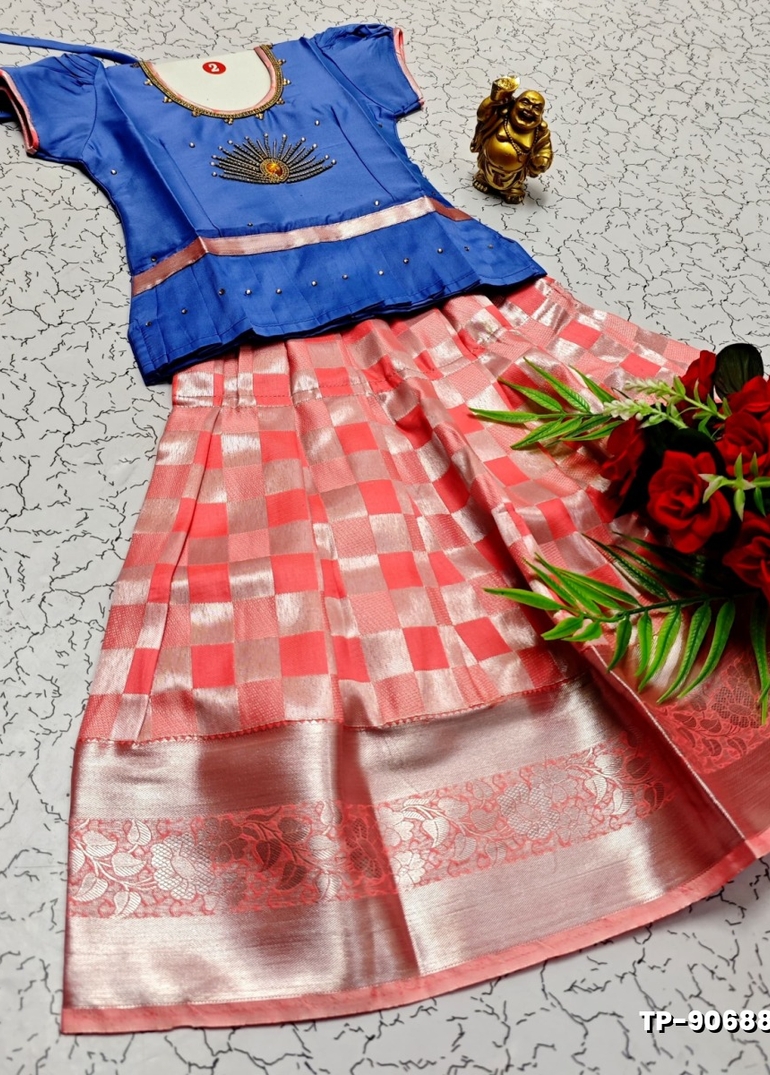 FESTIVAL AND FUNCTION WEAR TRADITIONAL KIDS PATTU PAVADAI STONE WORK DESIGN  - BLUE COLOUR (2)