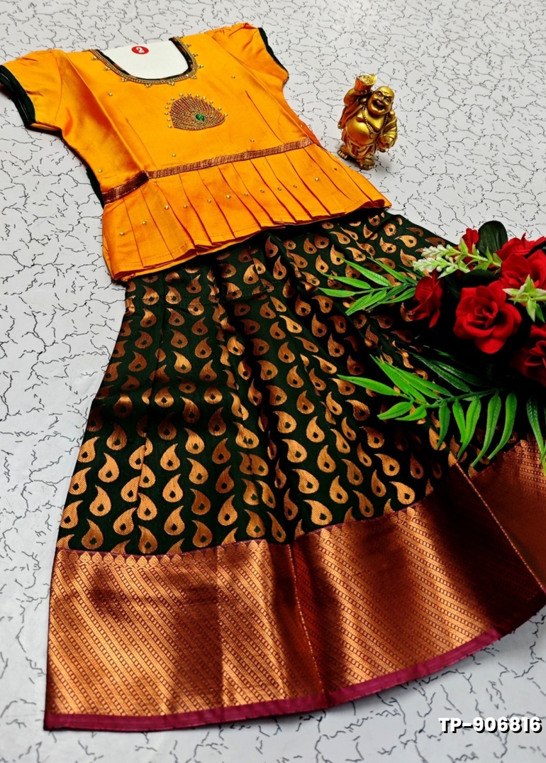 FESTIVAL AND FUNCTION WEAR TRADITIONAL KIDS PATTU PAVADAI STONE WORK DESIGN  - ORANGE (3)