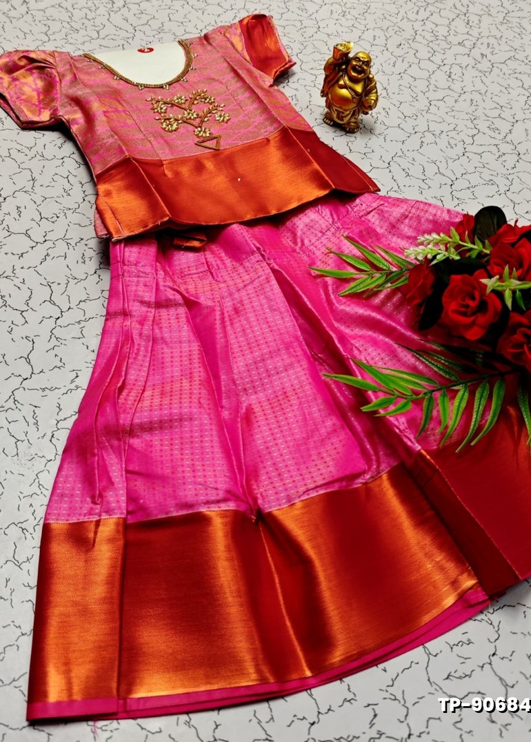 FESTIVAL AND FUNCTION WEAR TRADITIONAL KIDS PATTU PAVADAI STONE WORK DESIGN  - LIGHT PINK (1)