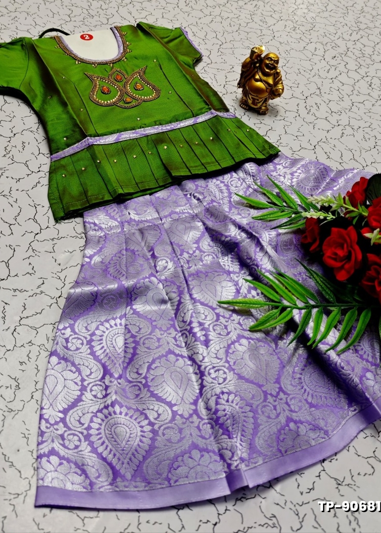 FESTIVAL AND FUNCTION WEAR TRADITIONAL KIDS PATTU PAVADAI STONE WORK DESIGN  - GREEN (4)