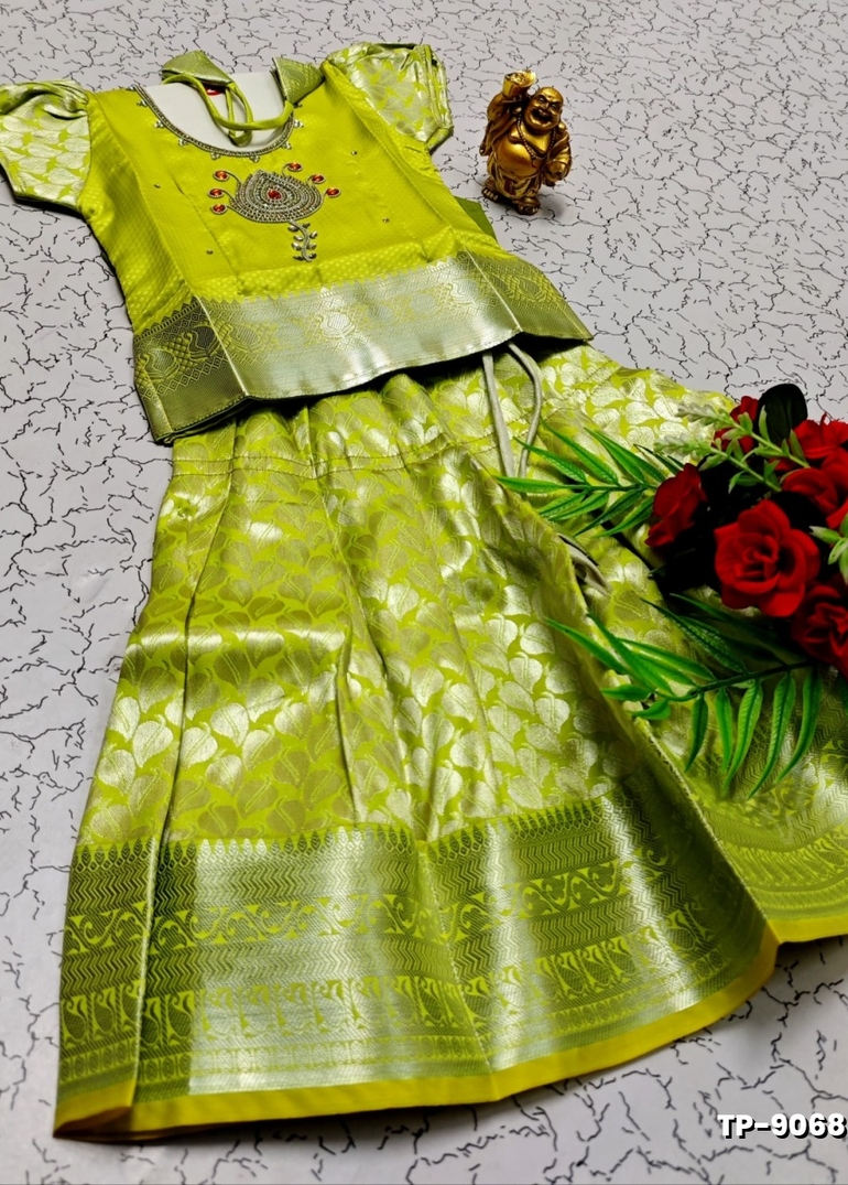 FESTIVAL AND FUNCTION WEAR TRADITIONAL KIDS PATTU PAVADAI STONE WORK DESIGN  - FLORAISON GREEN