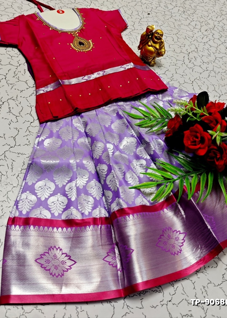 FESTIVAL AND FUNCTION WEAR TRADITIONAL KIDS PATTU PAVADAI STONE WORK DESIGN  - RED (2)